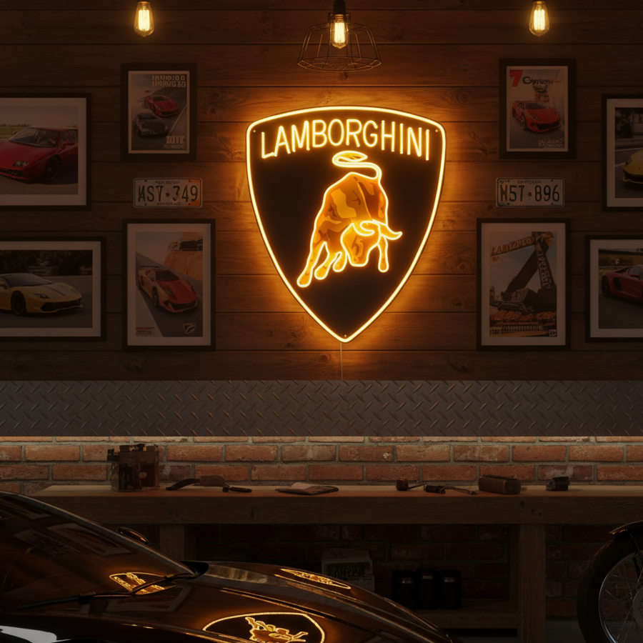 Geel neon LED-bord Lamborghini-logo, luxe decoratie.