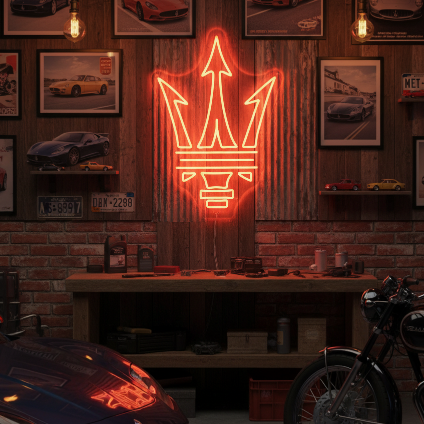 Rood neon LED-bord Maserati tridente, luxe autodecoratie.