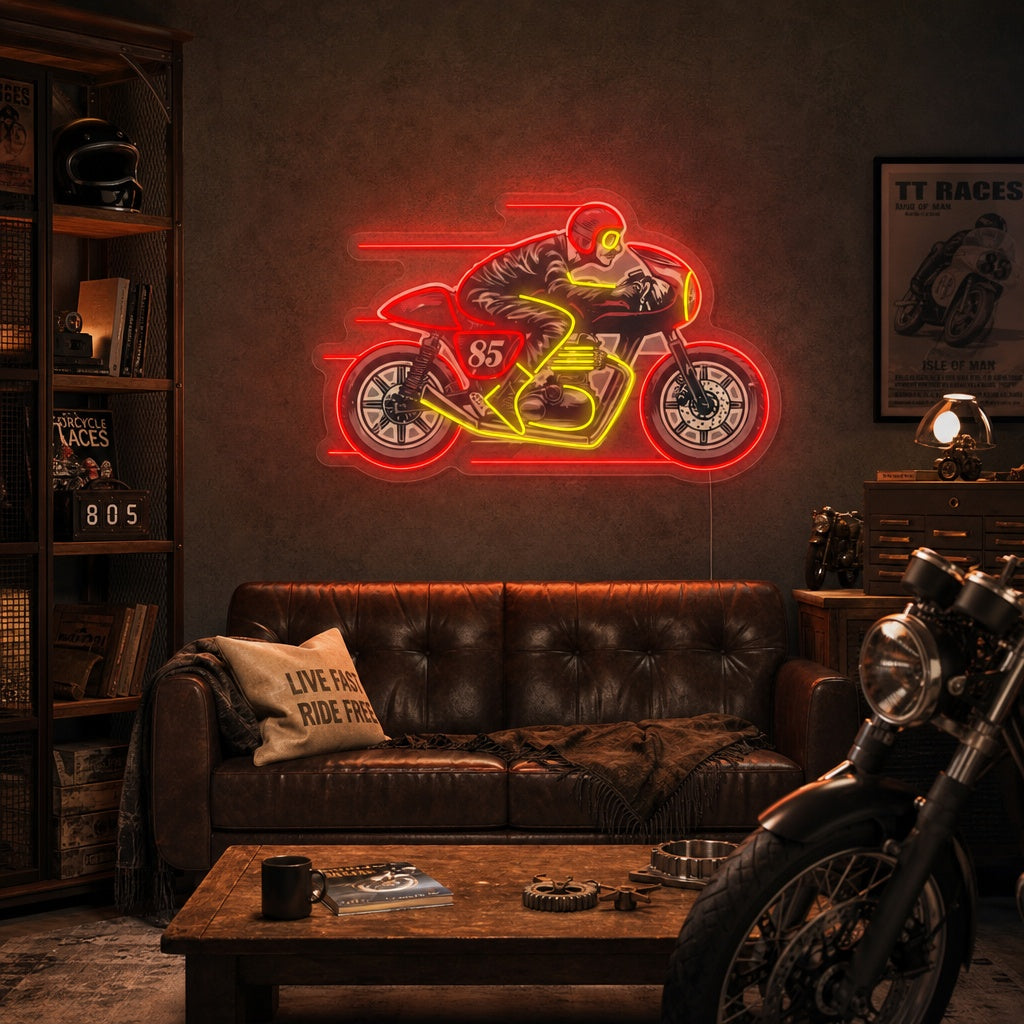 "Man rijden op oude Cafe Racer motorfiets" Neonbord