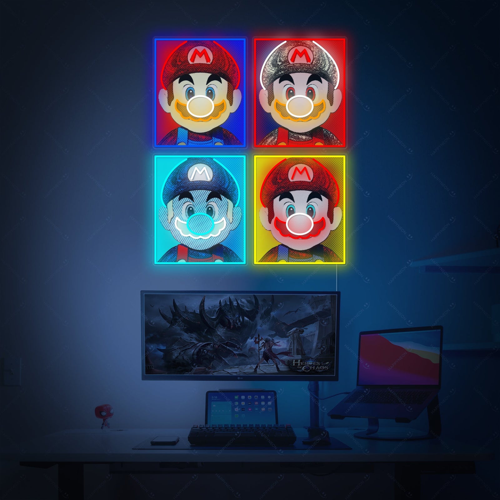Nintendo Mario pop-art neon panelen met vier Mario gezichten