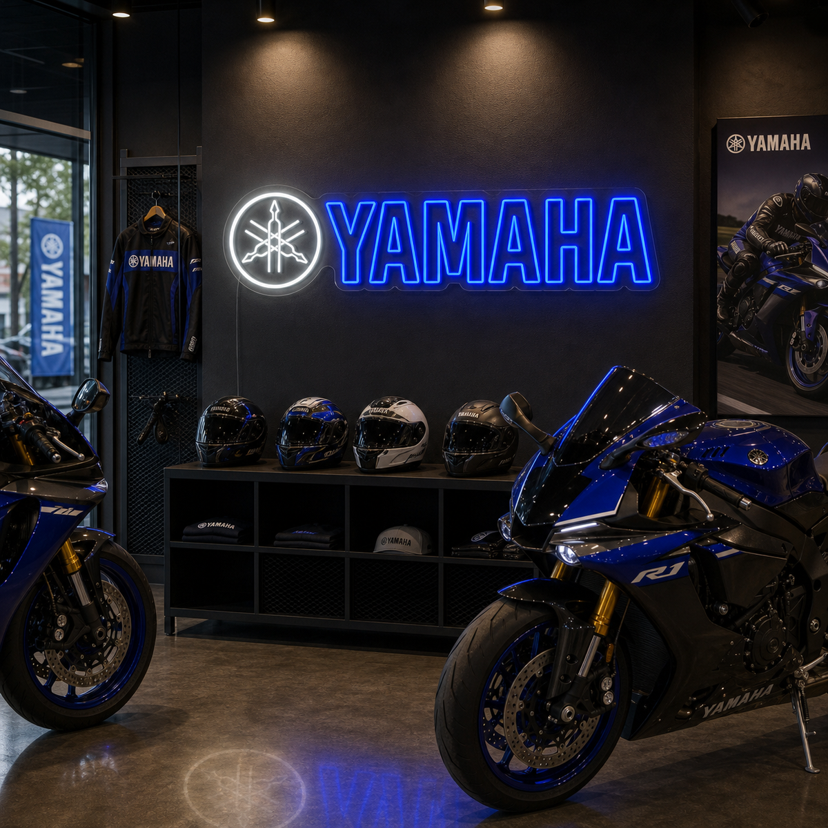 Blauw neon LED-bord Yamaha-logo, muziekkamerdecoratie.