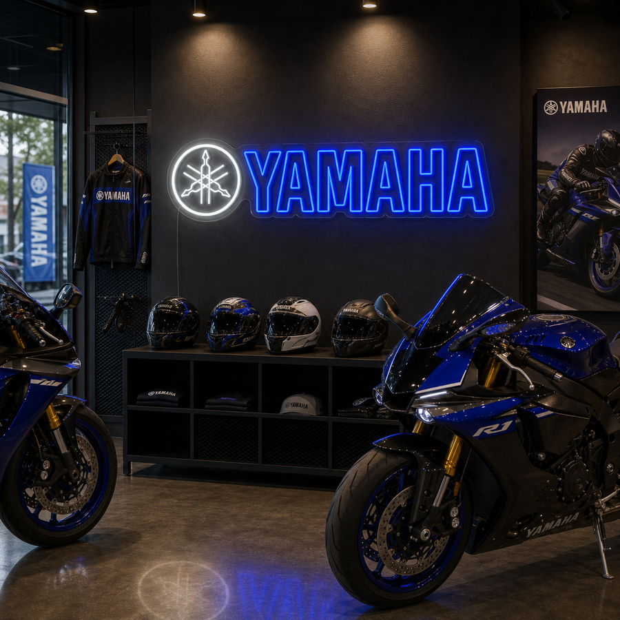Blauw neon LED-bord Yamaha-logo, muziekkamerdecoratie.