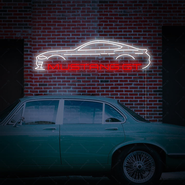 Ford Mustang GT autosilhouet in wit en rood LED neon