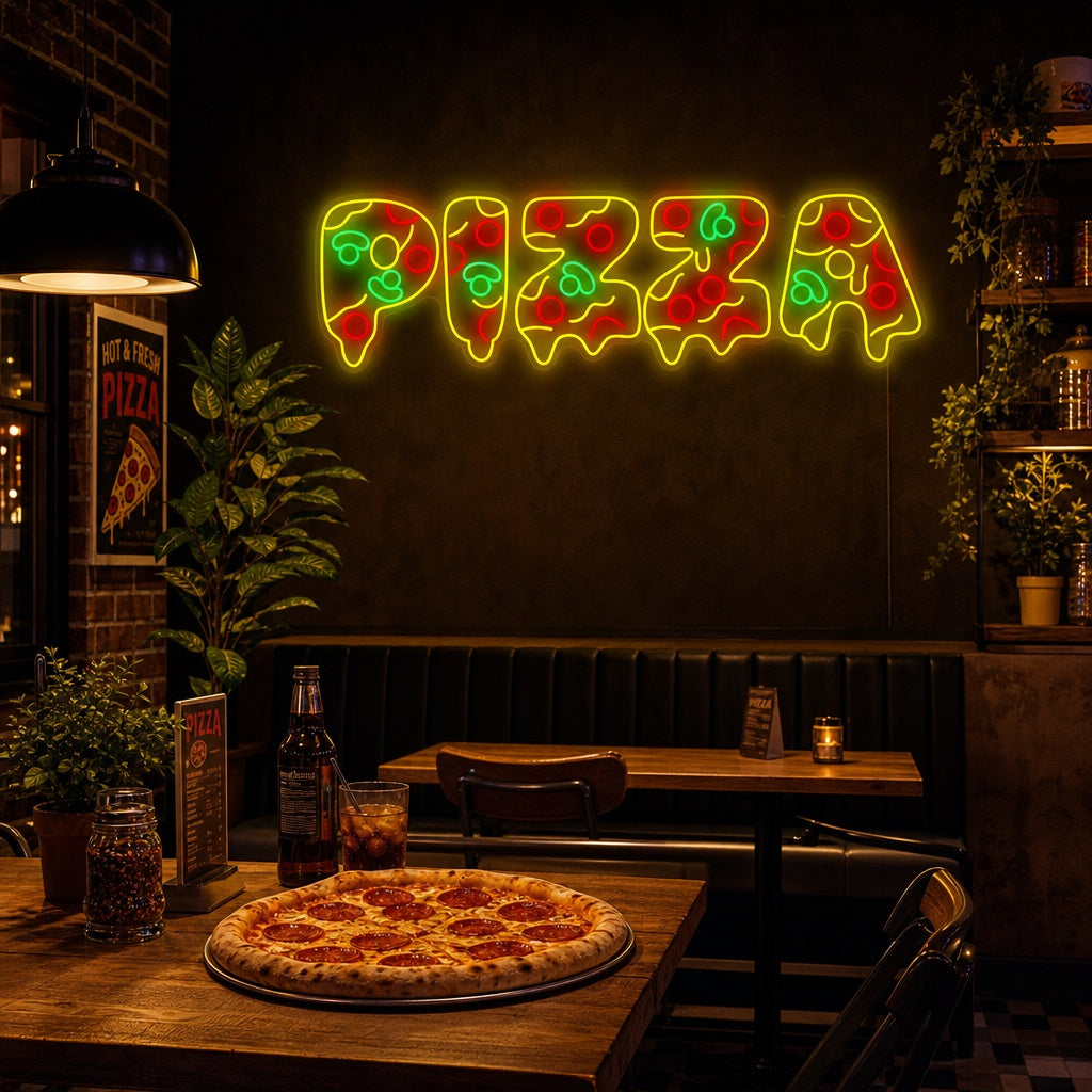 Neon LED “PIZZA” pop-art bord, restaurantdecoratie.