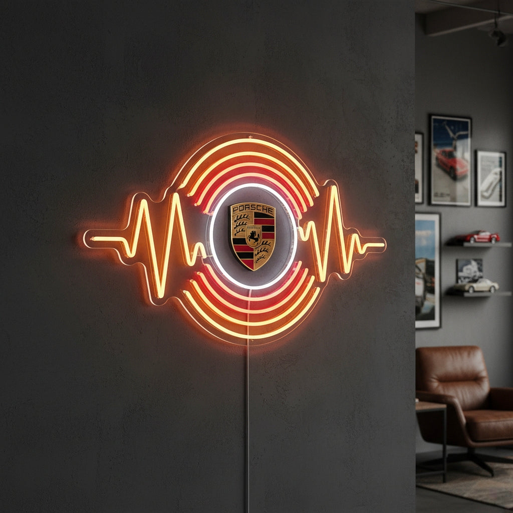 Neon LED Porsche heartbeat bord, dynamische racingdecoratie.