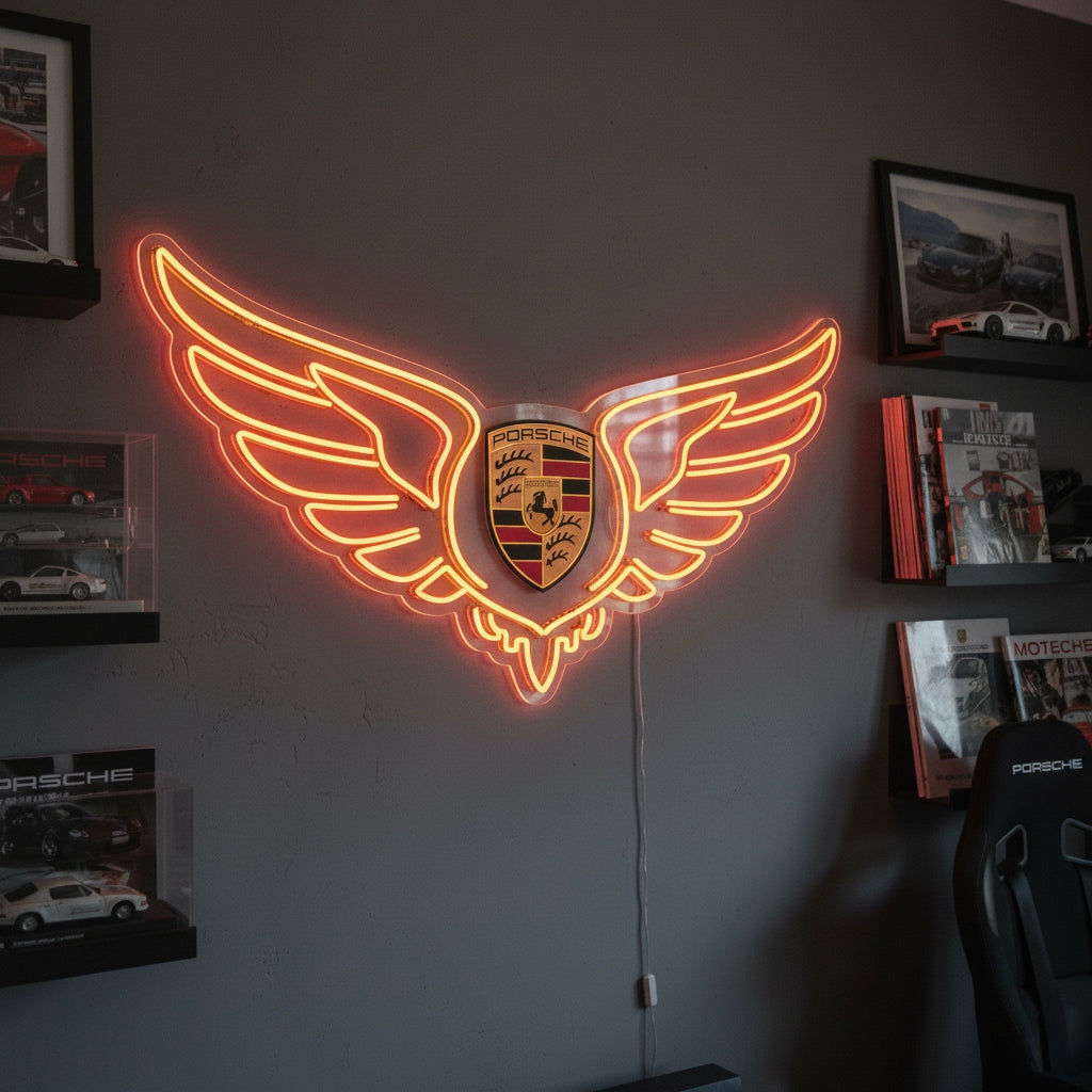 Neon LED-bord Porsche vleugel-logo, premium autodecoratie.