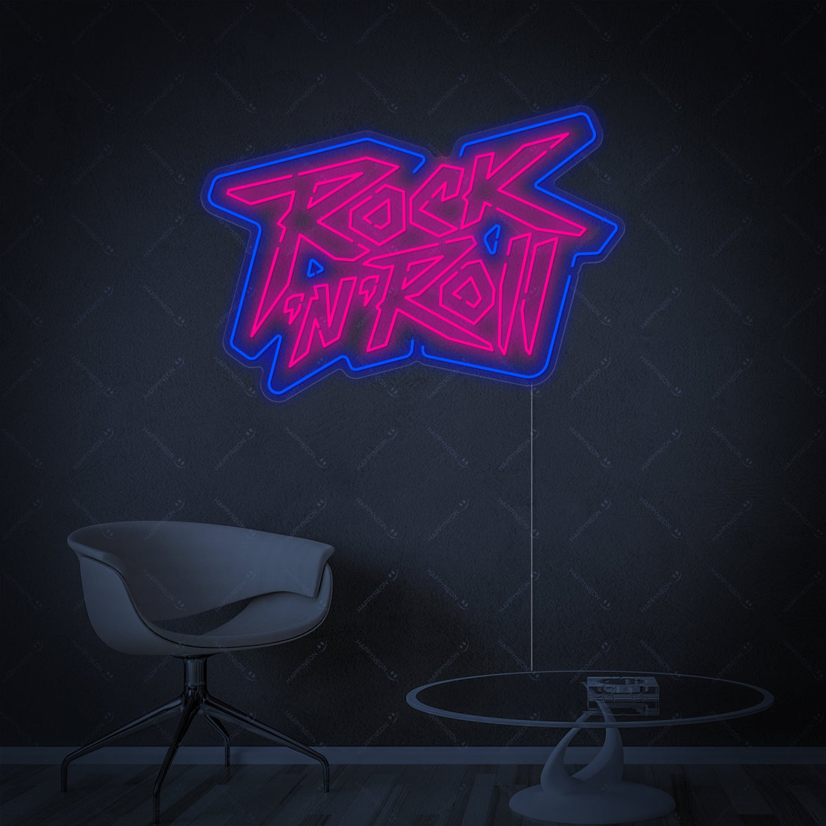 Neon LED “Rock ’n’ Roll” roze-blauw bord, muziekdecoratie.