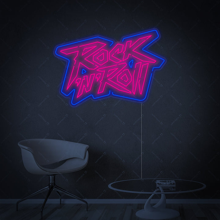 Neon LED “Rock ’n’ Roll” roze-blauw bord, muziekdecoratie.