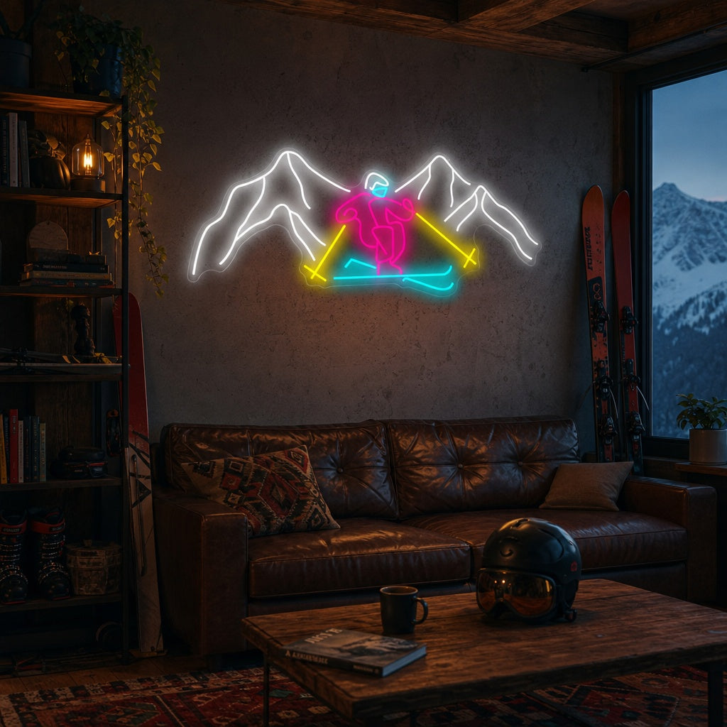 Neon LED skiër en bergen, chaletdecoratie.