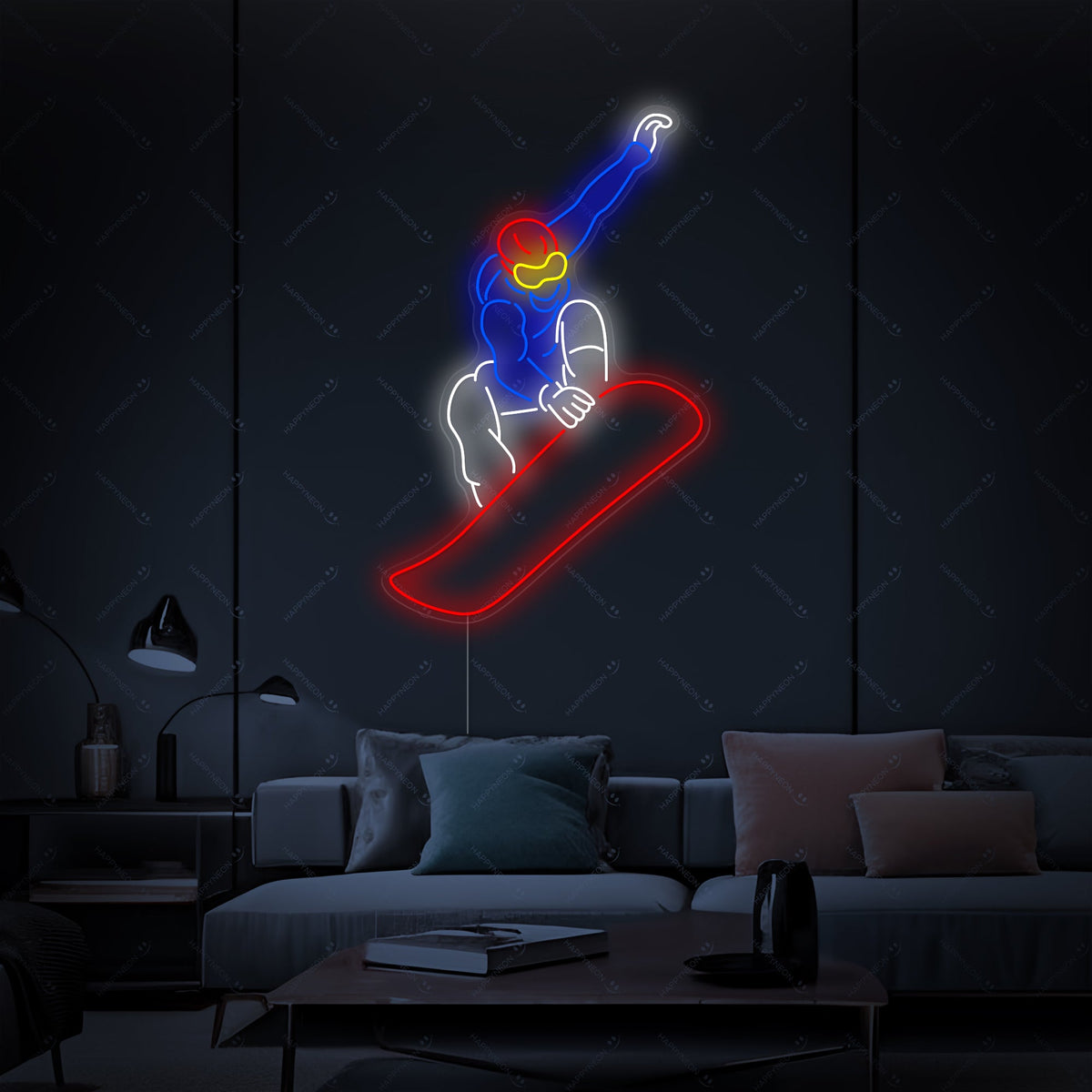 neon snowboarder in sprong rood en blauw