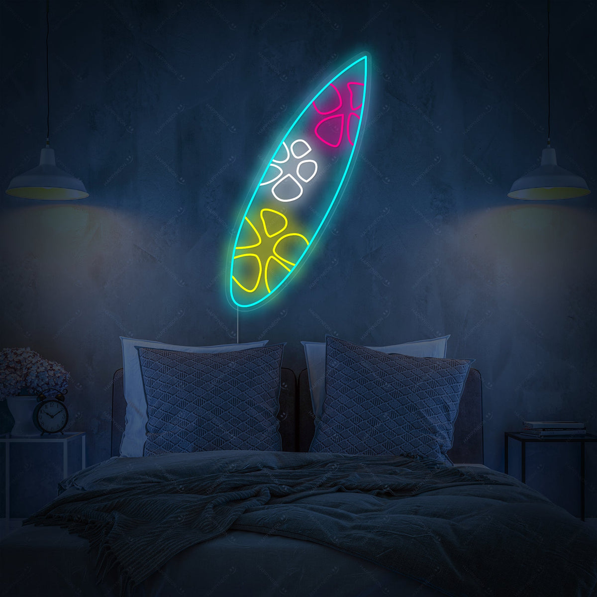 neon surfbord met bloemenpatroon