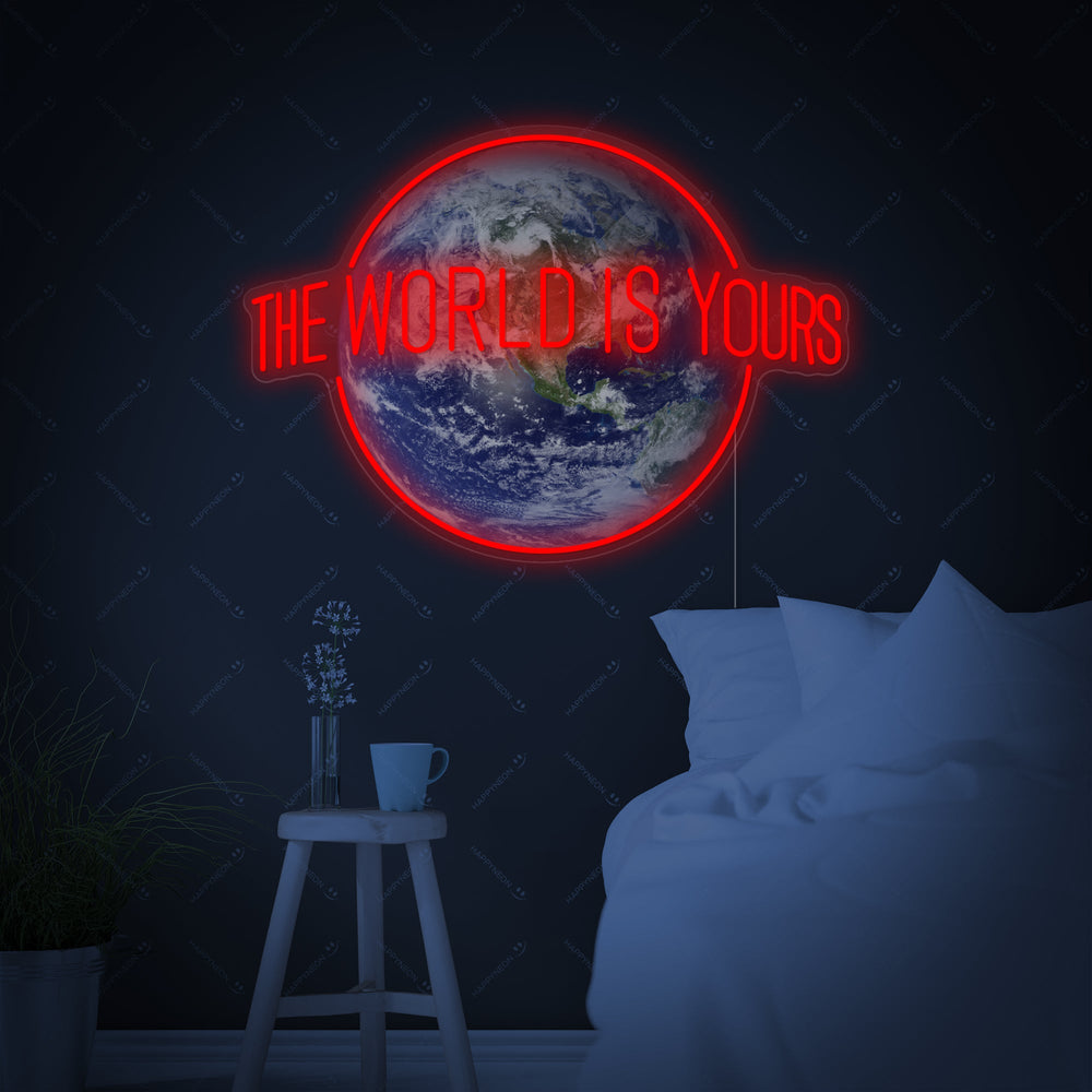 Neon sign met tekst The World Is Yours en wereldbol