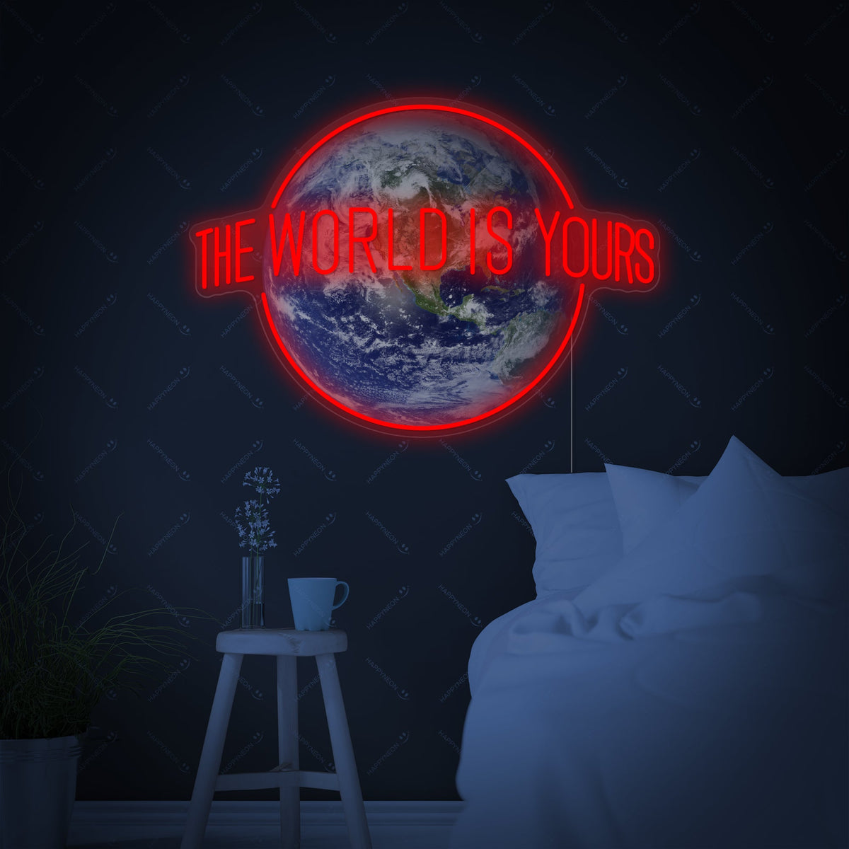 Neon sign met tekst The World Is Yours en wereldbol