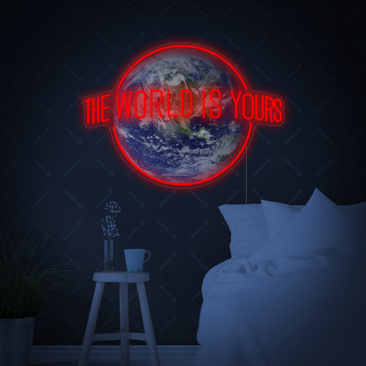 Neon sign met tekst The World Is Yours en wereldbol