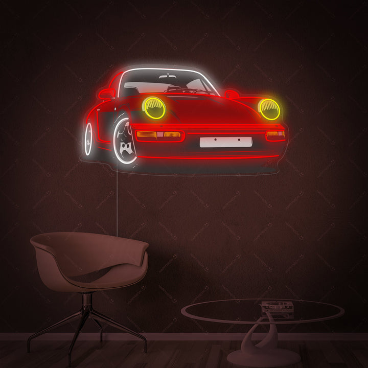 neon sportwagen rood met gele koplampen