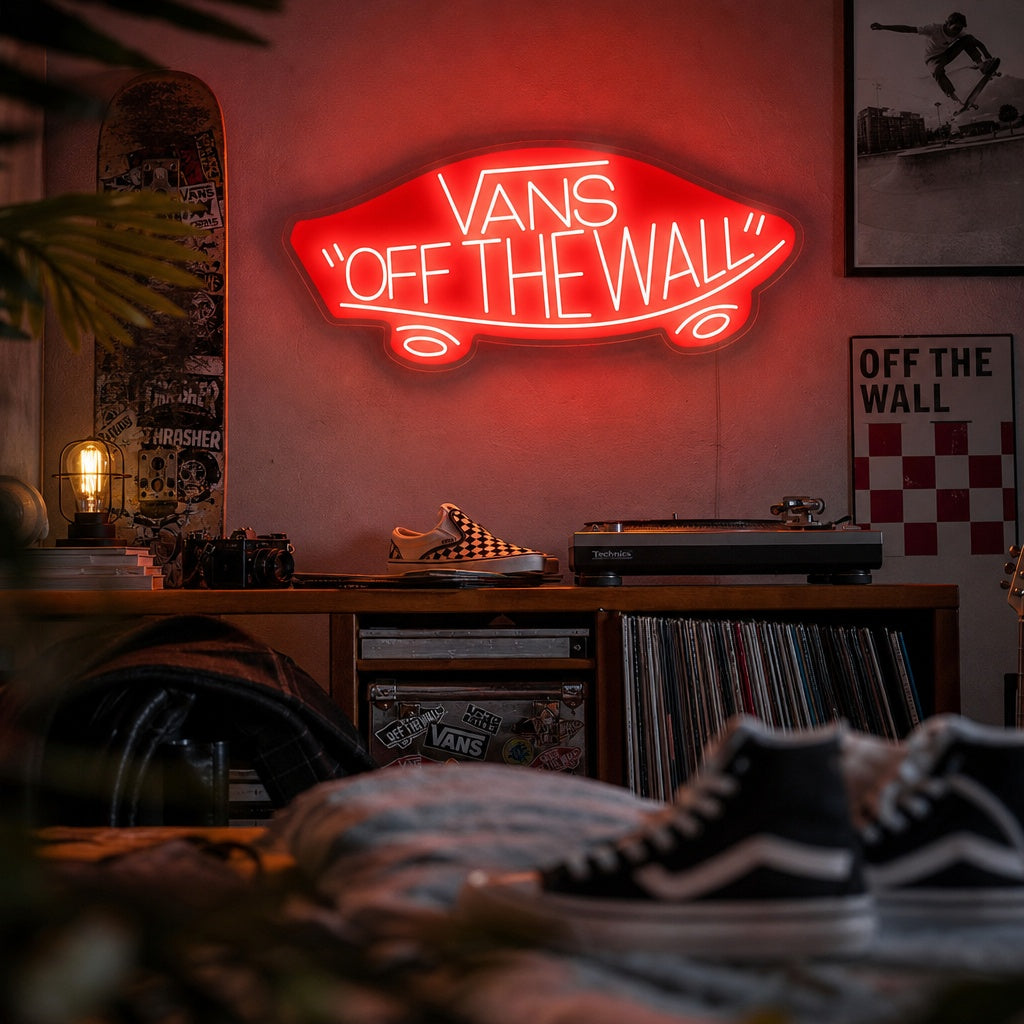 Neon LED Vans Off The Wall logo, urban kamerdecoratie.