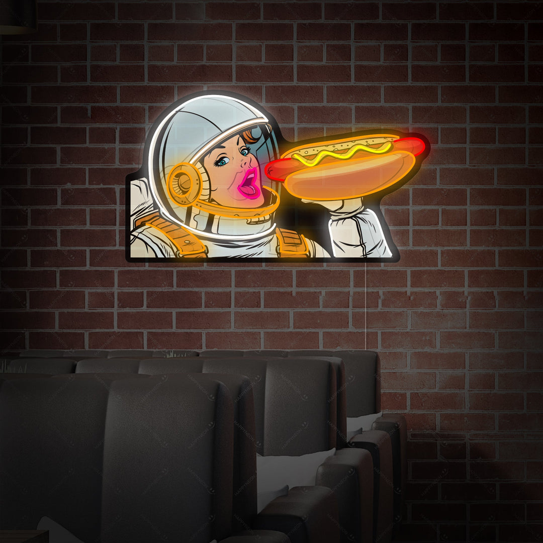 "Vrouw Astronaut Eet Hot Dog" Neonbord