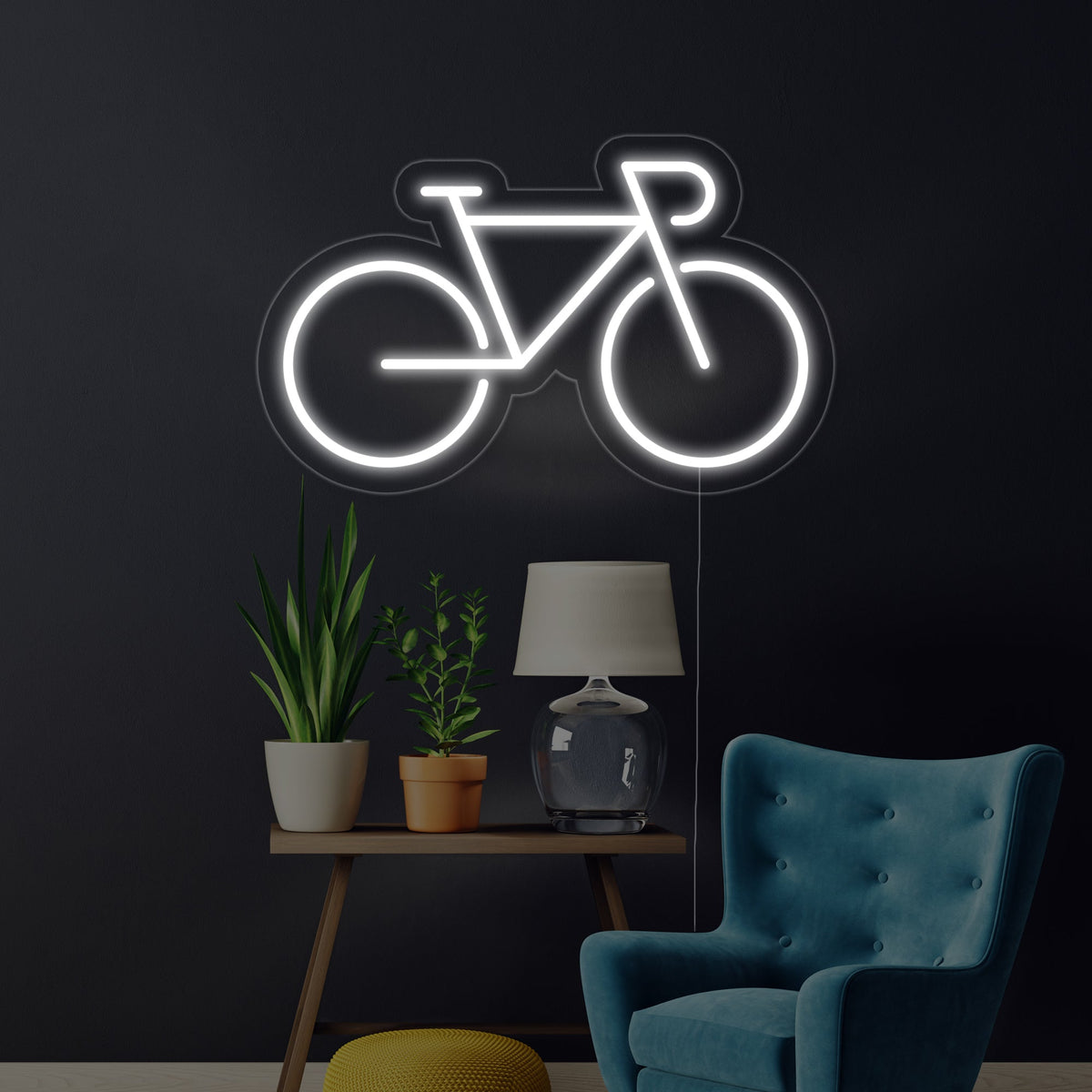 Witte LED neon wandlamp in de vorm van een fiets