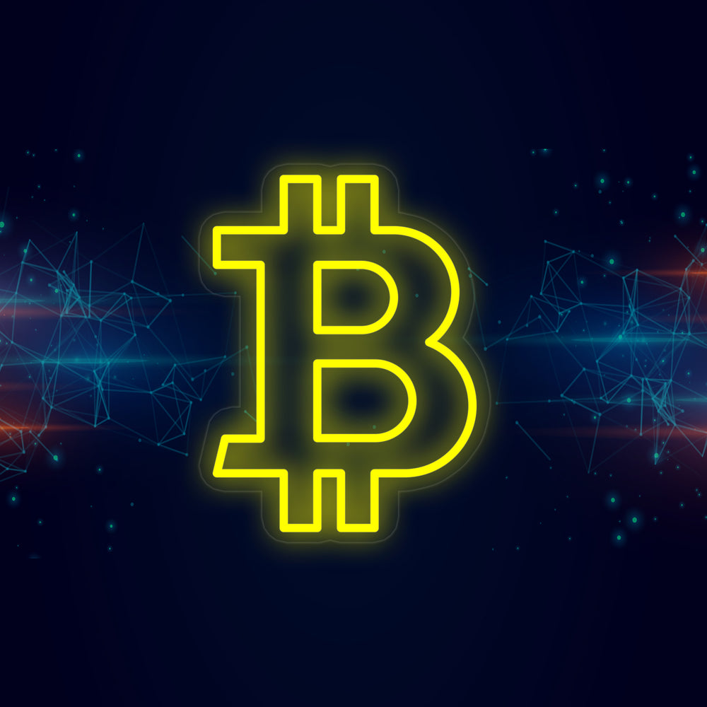 Geel neon LED-bord Bitcoin-logo, techdecoratie.