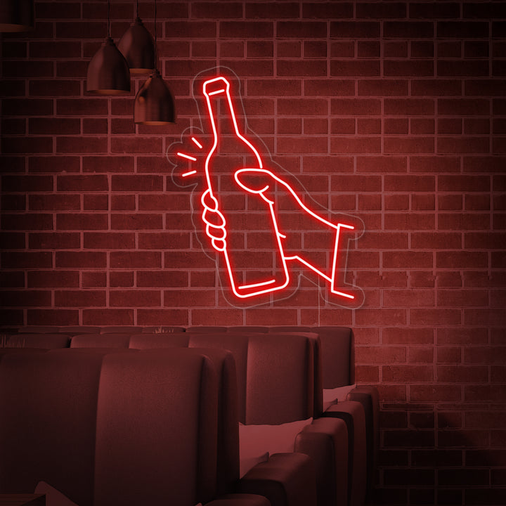 Hand die bierfles vasthoudt LED neon
