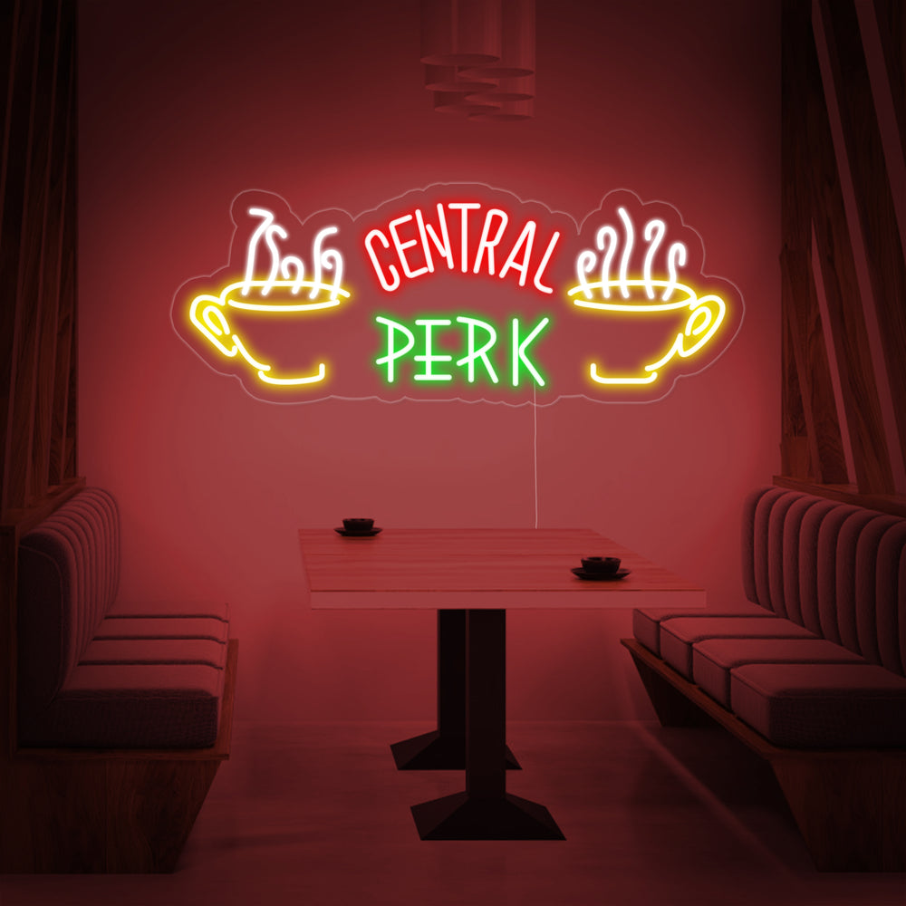 Central Perk neon LED-bord met koffiekopjes, iconisch design voor cafés en fanruimtes.