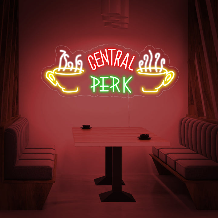 Central Perk neon LED-bord met koffiekopjes, iconisch design voor cafés en fanruimtes.