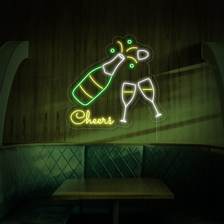 "Champagnefles, Champagneglazen, Cheers" Neon Verlichting