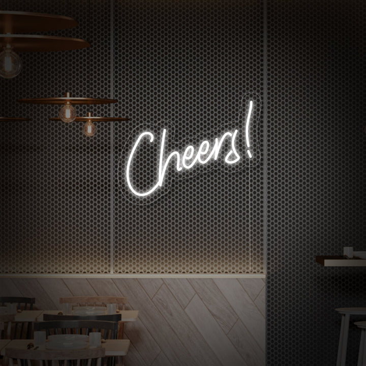 Wit neon LED-bord “Cheers!”, elegante lichtdecoratie voor eet- of borrelruimte.