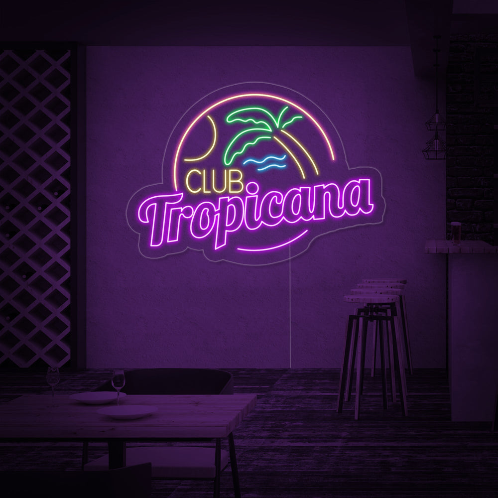 Neon LED-bord Club Tropicana met palmboom, maan en golven, tropische barverlichting.