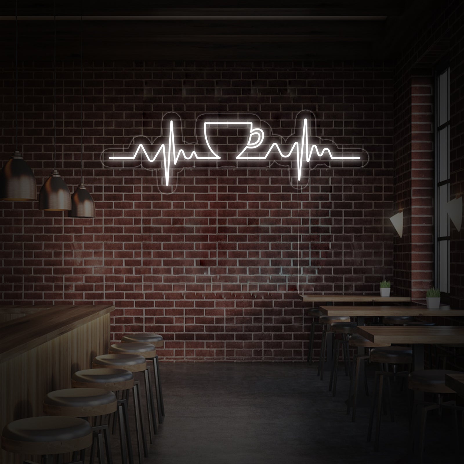 Neon LED-bord met koffietas en hartslaglijn, warme lichtdecoratie voor café of keuken.
