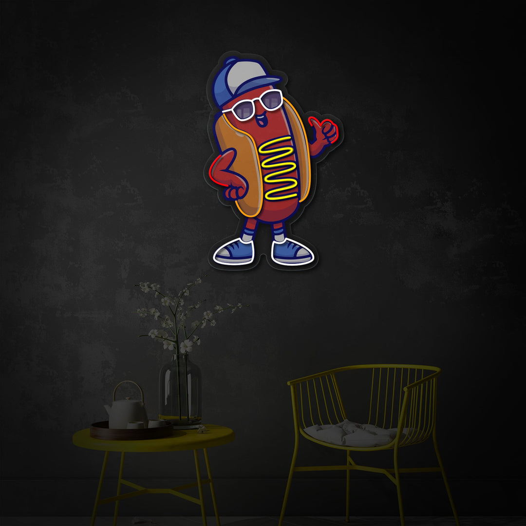 "Coole hotdog met een bril en hoed, eten, restaurant" UV-geprint LED-neonbord