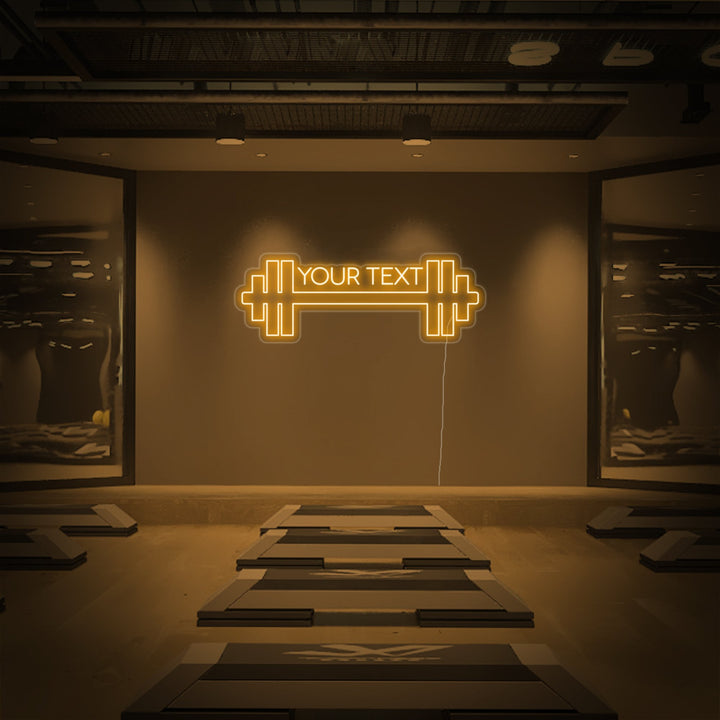 Neon LED-bord met halter en personaliseerbare tekst, fitnessdecoratie voor gym of studio.