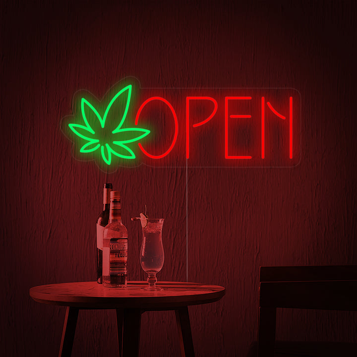 OPEN neon sign met groen cannabisblad