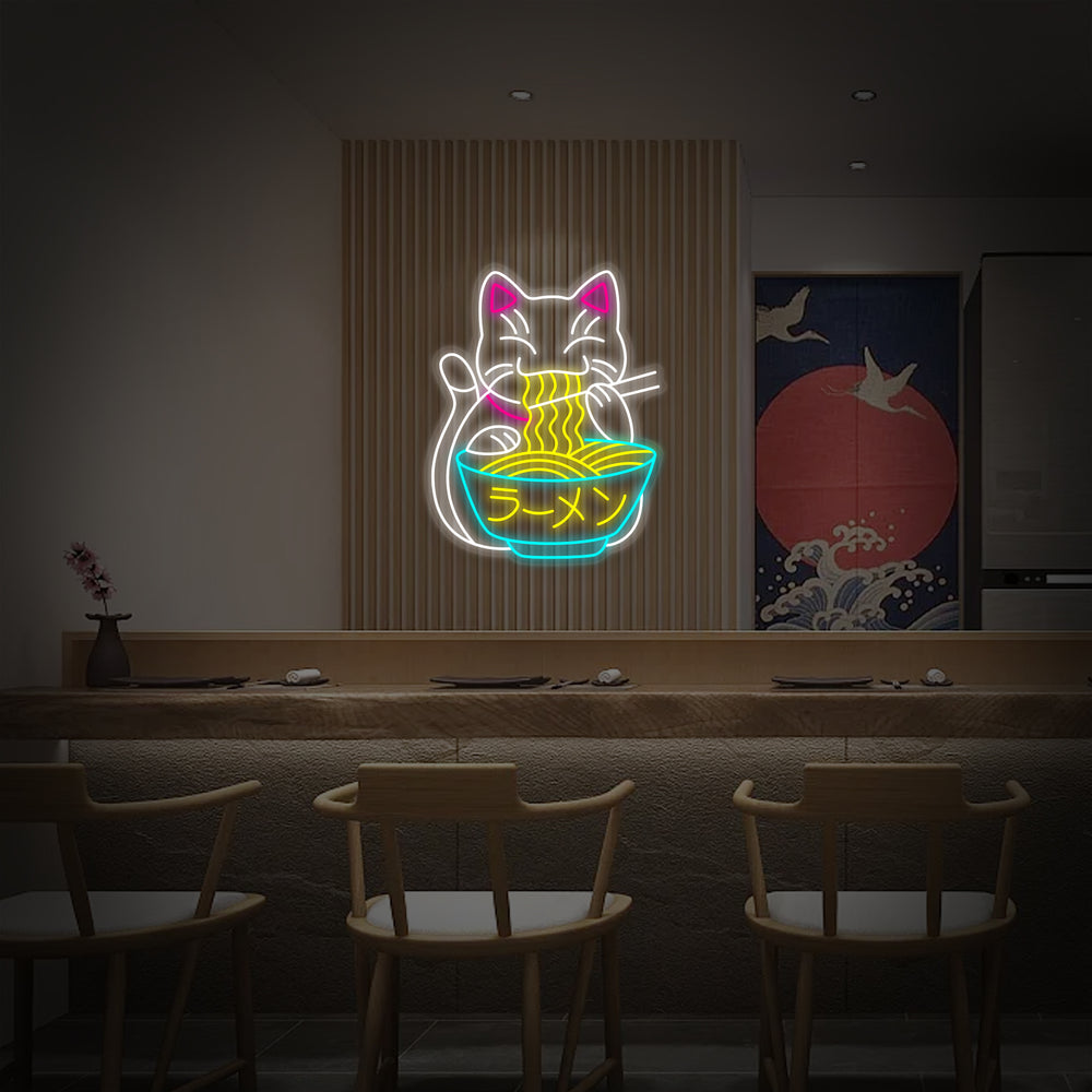 Neon LED ramen etende gelukskat, Aziatische decoratie.