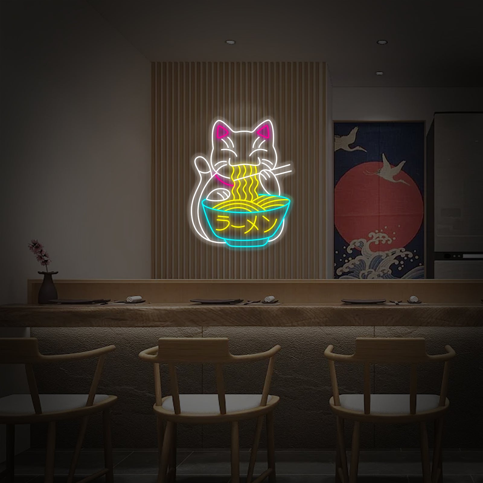 Neon LED ramen etende gelukskat, Aziatische decoratie.