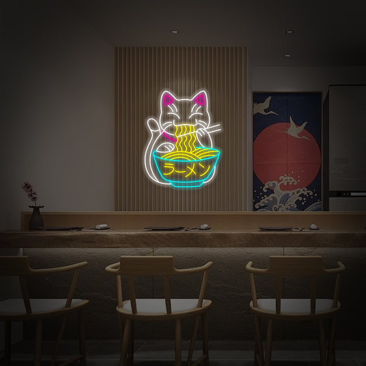 Neon LED ramen etende gelukskat, Aziatische decoratie.