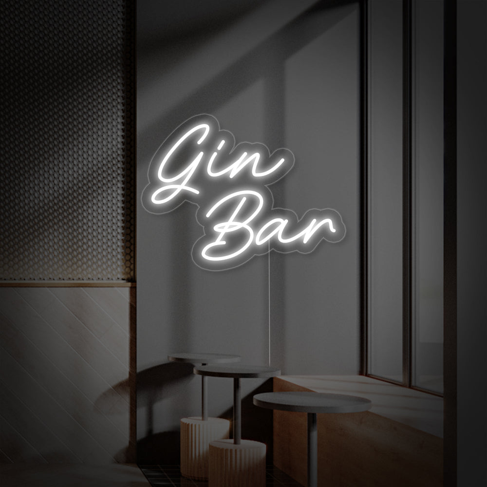 Wit neon LED-bord “Gin Bar”, minimalistische lichtdecoratie voor cocktailbar.