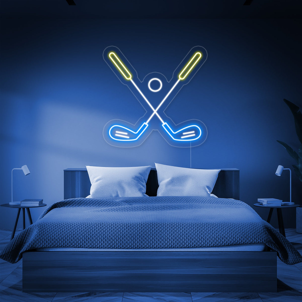 LED neon van gekruiste golfclubs met bal