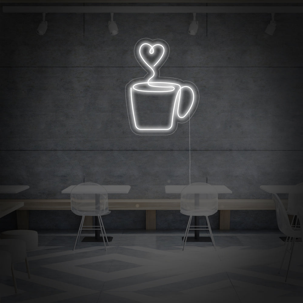 Witte koffiekop met hartvormige stoom LED neon