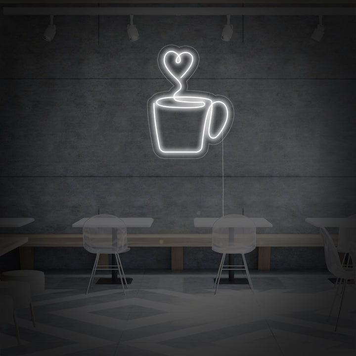 Witte koffiekop met hartvormige stoom LED neon