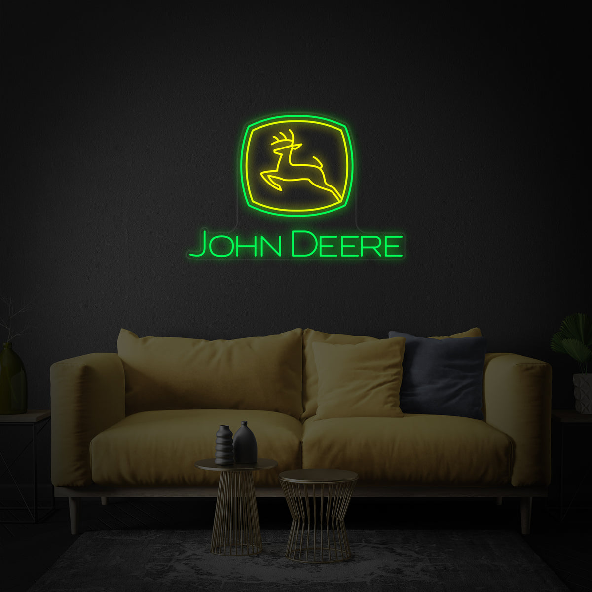neon John Deere logo met hert