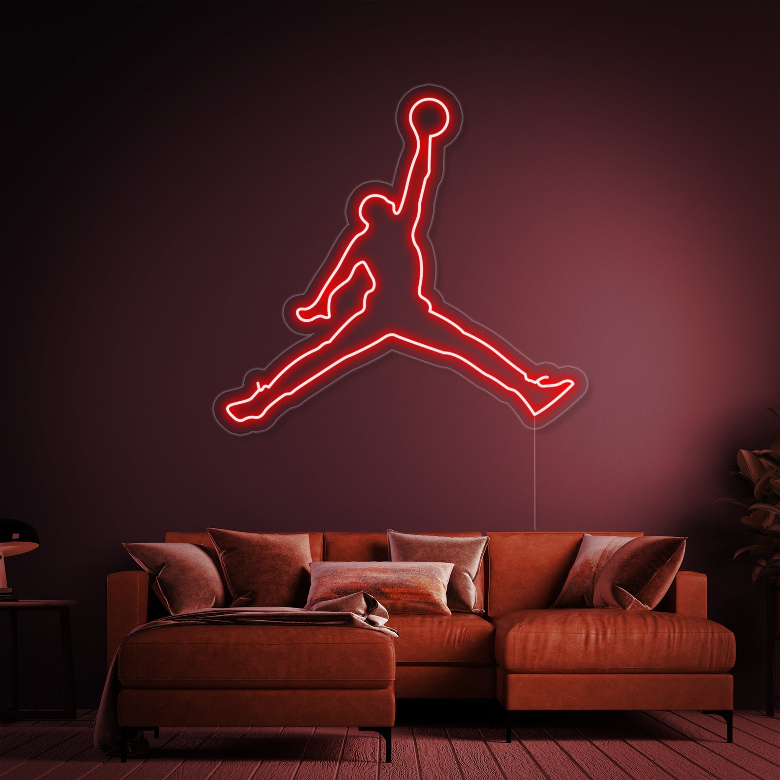 Rode Jumpman-silhouet in neon LED, wanddecoratie voor sportkamer of sneakercollectie.