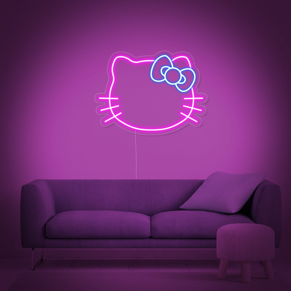 Roze neon LED-bord van Hello Kitty gezicht, schattige decoratie voor meisjeskamer.