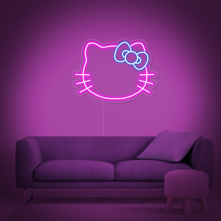 Roze neon LED-bord van Hello Kitty gezicht, schattige decoratie voor meisjeskamer.