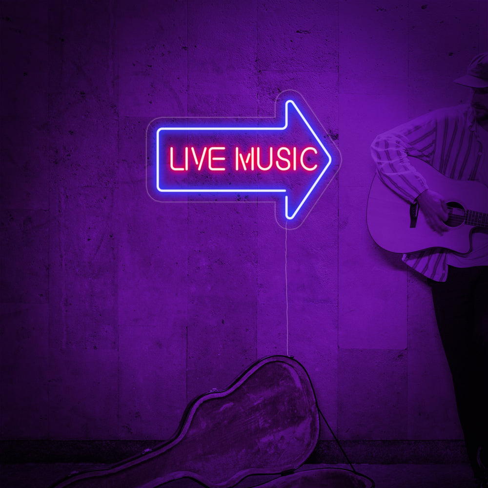 Neon LED-bord “Live Music” met blauwe pijl, decoratieve bewegwijzering voor bar of pub.