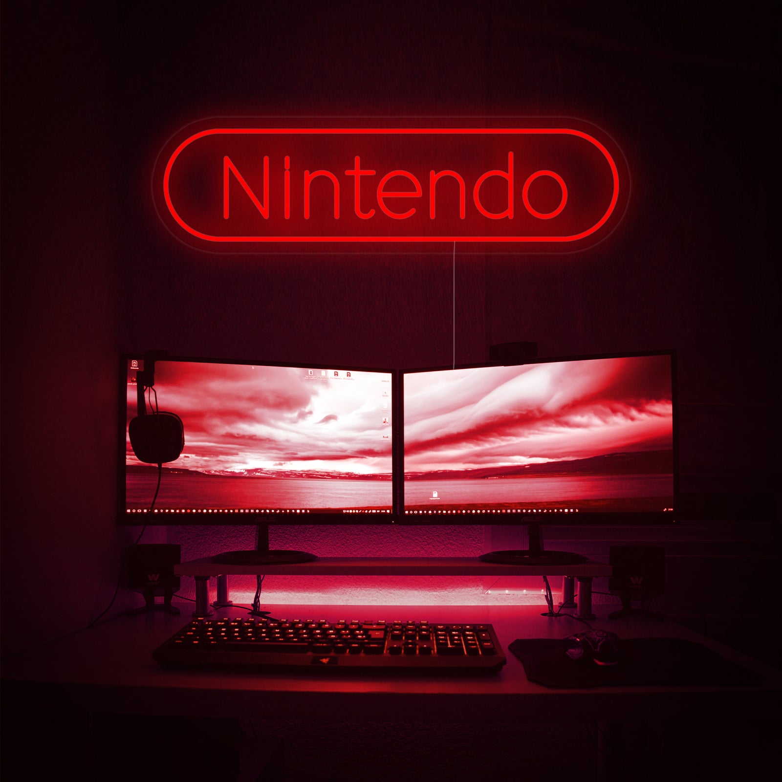 Nintendo logo rood LED neon boven gaming setup