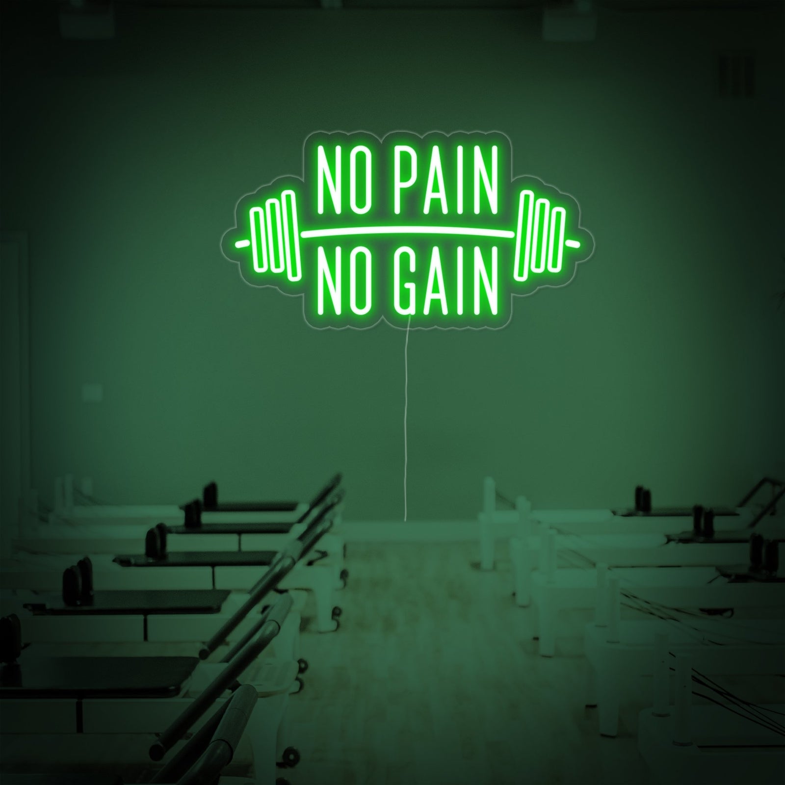 Groen neon LED-bord “No Pain No Gain” met halters, motivatieverlichting voor gym.