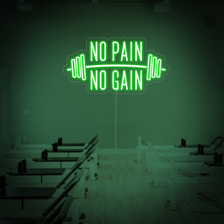 Groen neon LED-bord “No Pain No Gain” met halters, motivatieverlichting voor gym.