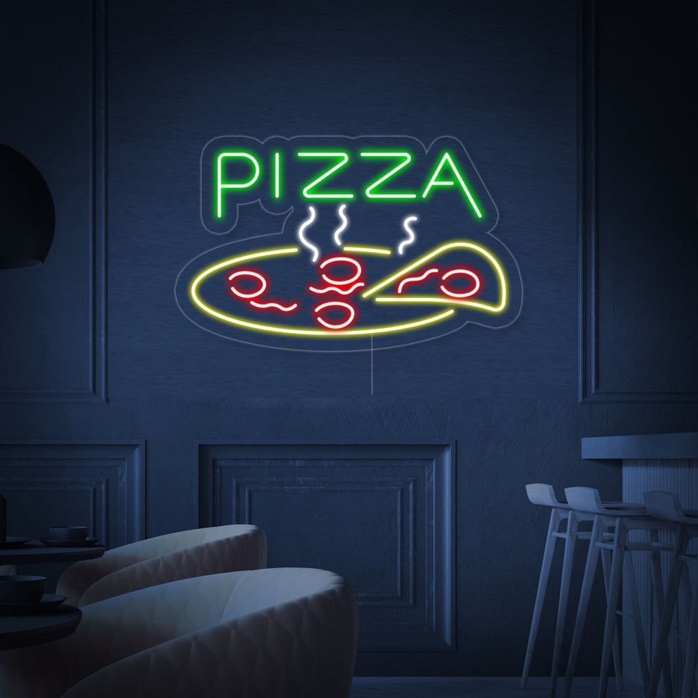 Neon LED-bord van kleurrijke, stomende pizzapunt, decoratie voor pizzeria of keuken.