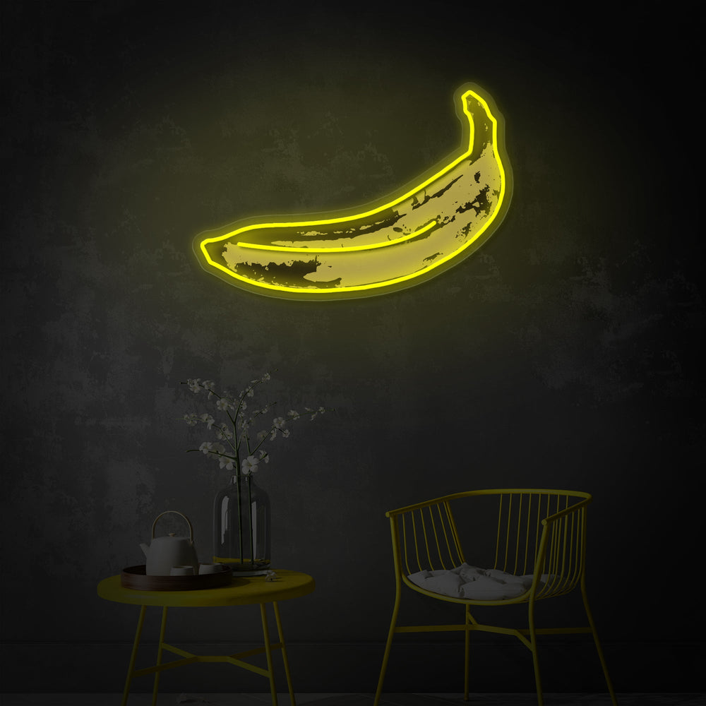 Neon LED banana pop-art bord, speelse keukendecoratie.